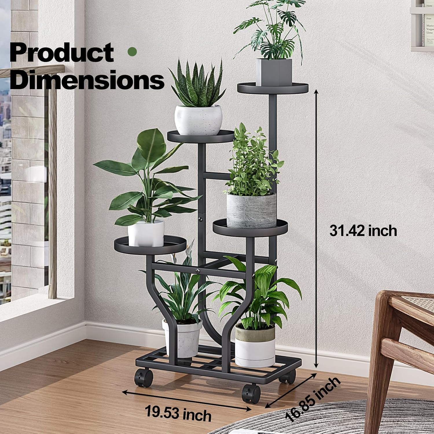 Plant Stand with Wheels, Black 4 Tier Metal Plant Shelf for Indoor Outdoor | Corner Plants Stand Indoor for Bedroom