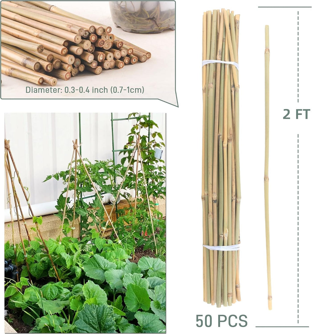 50Pcs / 2ft Bamboo Plant Stakes for Indoor Outdoor Plants, Garden Plant Support Sticks, Poles for Tomato Vegetables