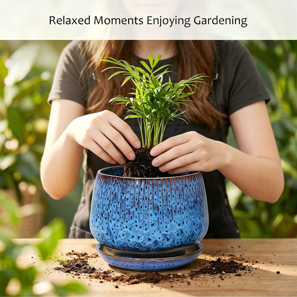 7.5 Inch Ceramic Planter with Saucer,Modern Garden Pots with Drainage Hole Mesh Net, for Indoor Outdoor Use (Speckle