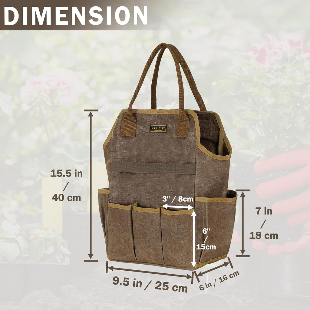 Canvas Garden Tool Bag, 16OZ Waxed Canvas Garden Tools Storage Tote - with 3 Inner Slots + 8 Outer Pockets