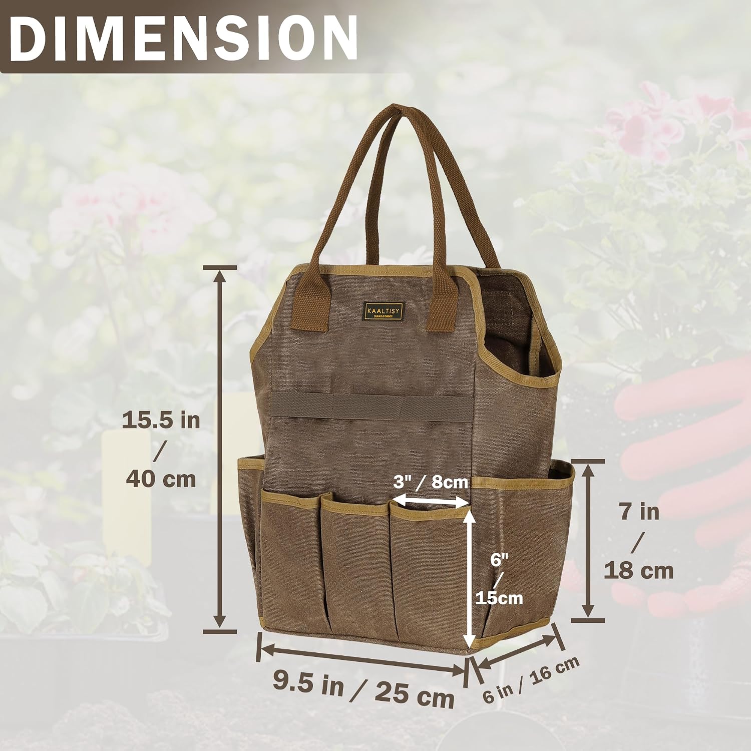 Canvas Garden Tool Bag, 16OZ Waxed Canvas Garden Tools Storage Tote - with 3 Inner Slots + 8 Outer Pockets
