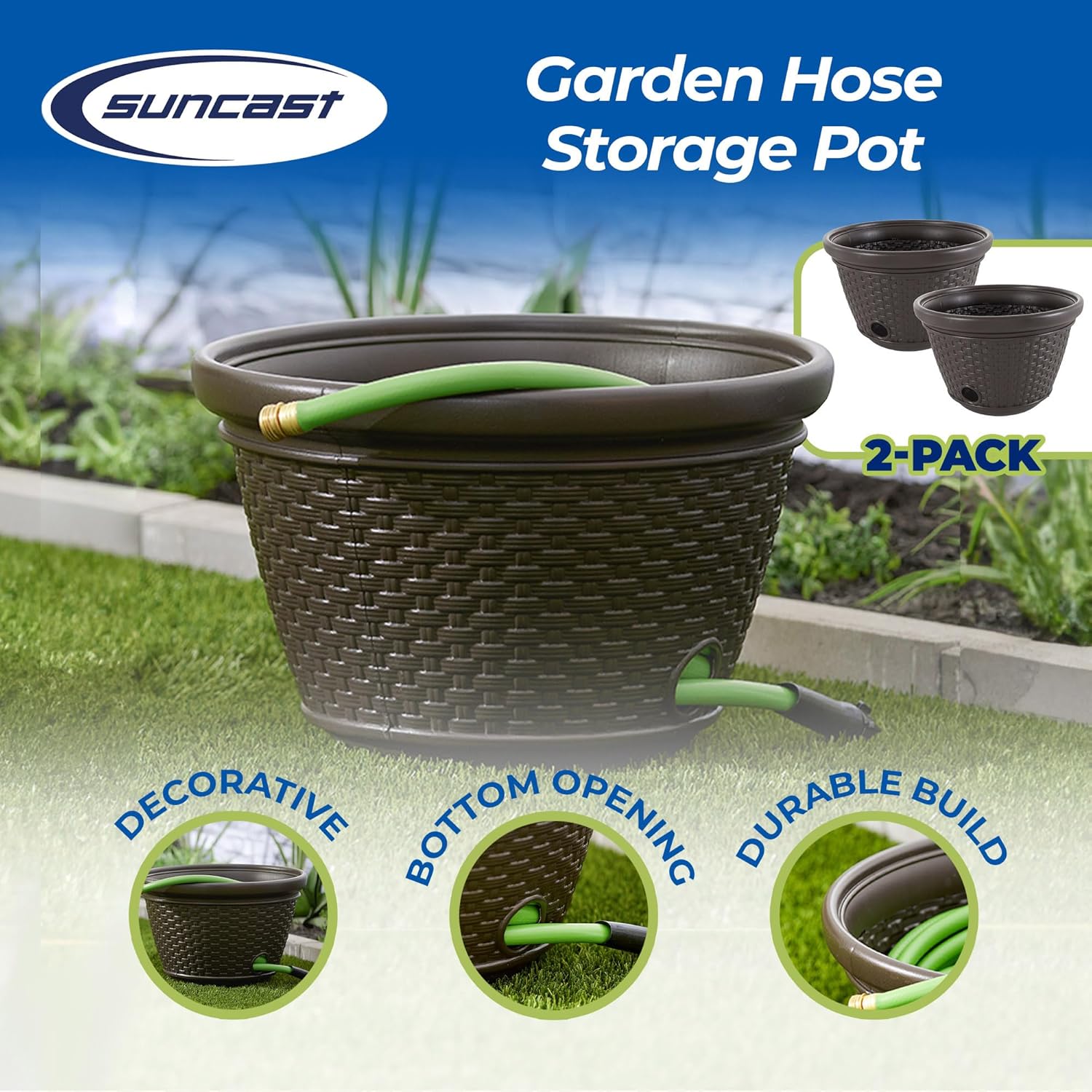 Suncast 2 Pack Decorative Wicker Garden Hose Holder Pot with 4 Drain Holes for 100 Foot Hoses, Java