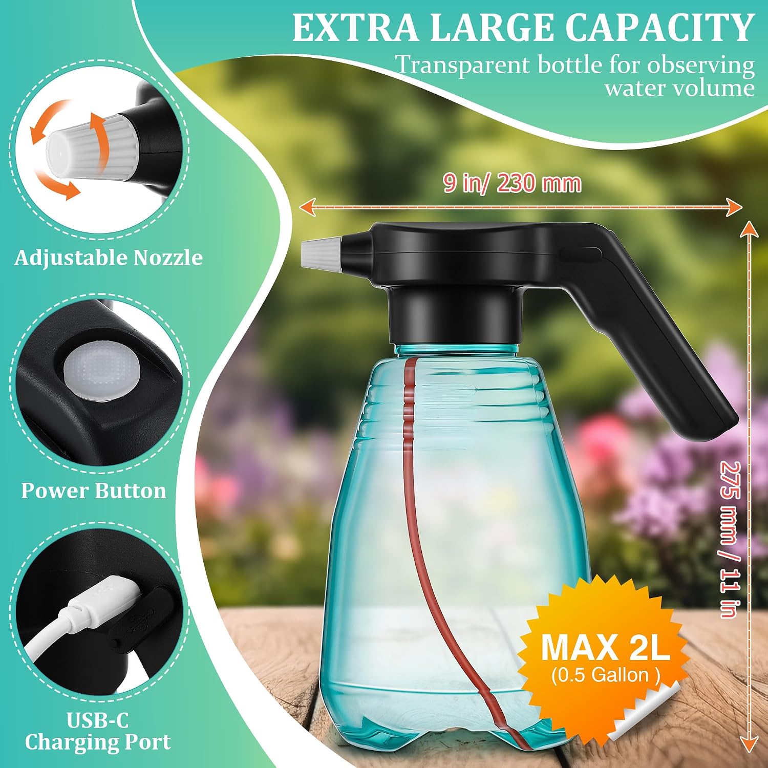 0.5 Gallon Electric Spray Bottle Plant Mister Green Style | Rechargeable Battery Powered Sprayer with Adjustable Spout