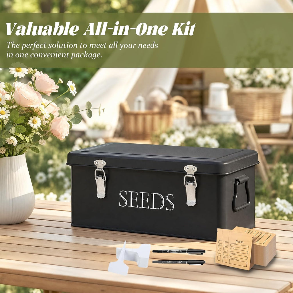 Ecopark Seed Storage Box, Professional All-in-one Kit | with 2 Pens, 20 Plant Labels and 50 Seed Envelopes, Metal