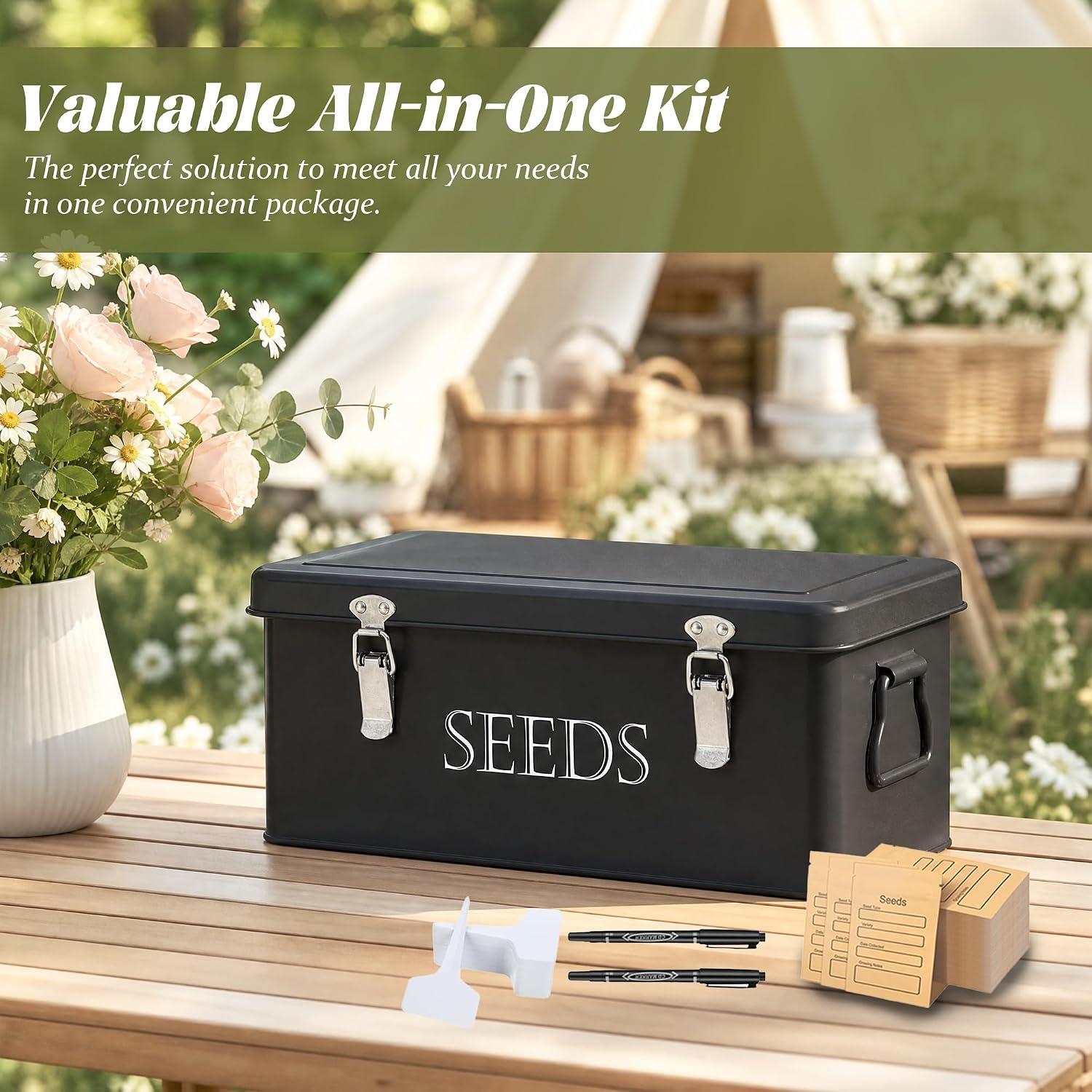 Ecopark Seed Storage Box, Professional All-in-one Kit | with 2 Pens, 20 Plant Labels and 50 Seed Envelopes, Metal