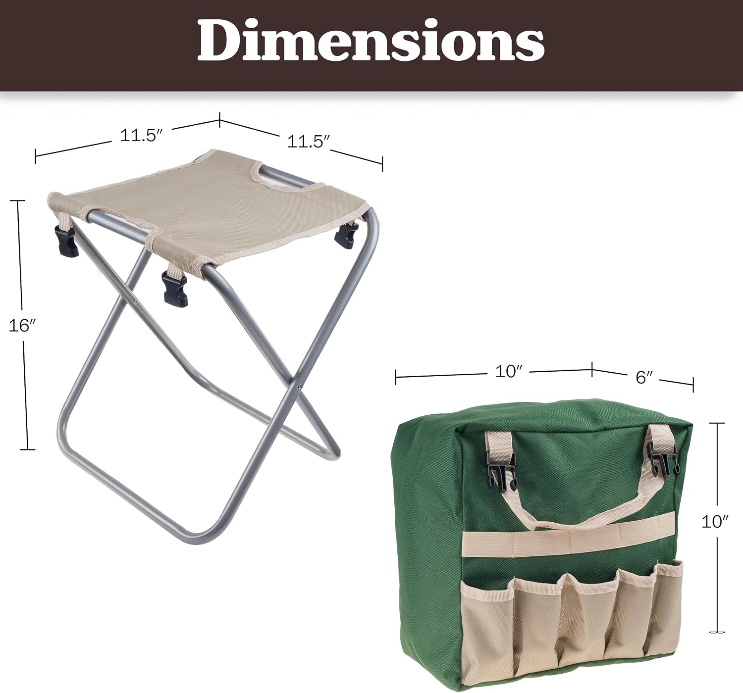 Pure Garden Folding Garden Stool with Tool Bag Plus 5 Garden Tools,Tan, Green and Silver