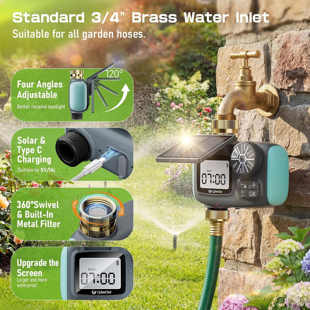 Solar Hose Timer, Sprinkler Timer Programmable with Brass Swivel | Water Timers for Garden Hose Watering with Rain