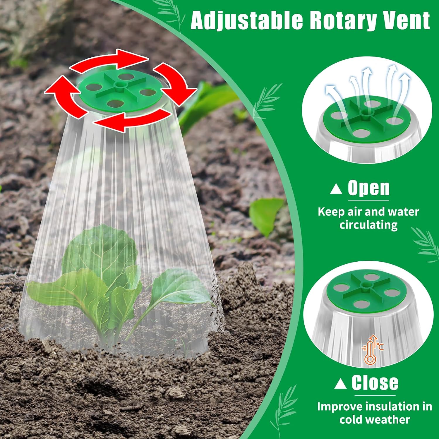 UQM 50 Pack Garden Cloches for Plants with Rotary Vent Cover Reusable | Bell Plant Protector Garden Protection from