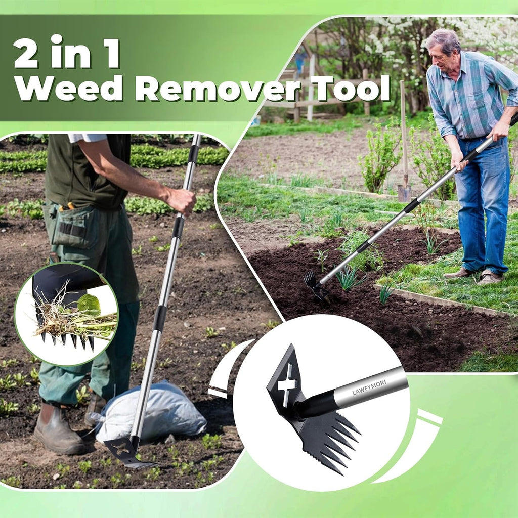 Weed Puller Tool with Long Handle, 60" Garden Weeding Tool | 2 in 1 Hoe and Weed Rake, Heavy Duty Steel Weeder, Manual
