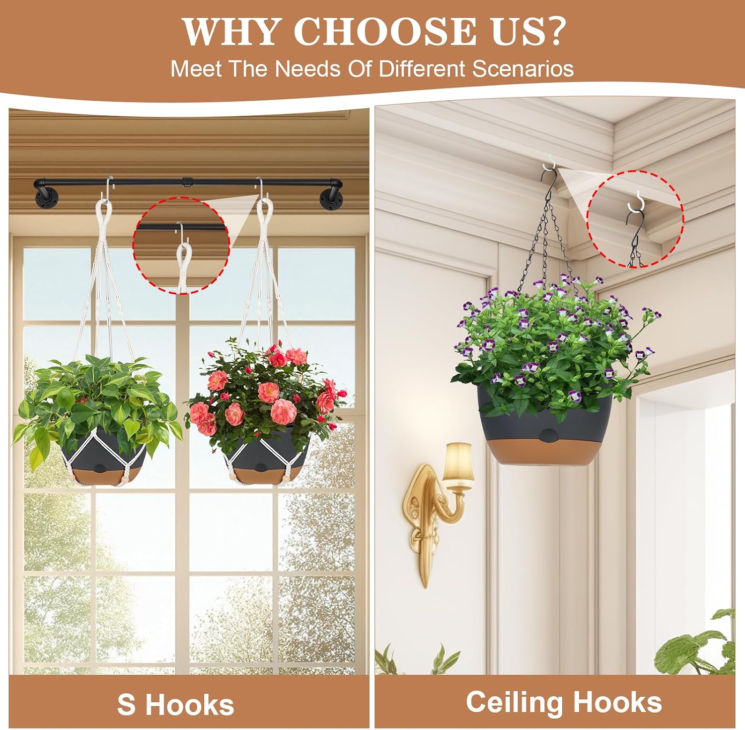Hanging Planter for Indoor Plants, 3 Pack 10 Inch Self Watering Flower Pot with Macrame Plant Hanger, Metal Chain, S &