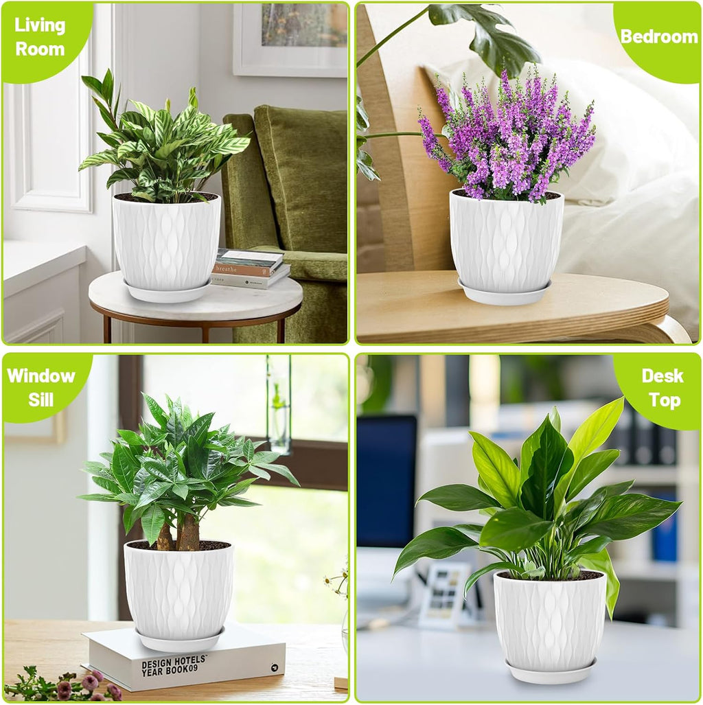 Plastic Plant Pots 10/9/8/7.5/7 inch Set of 5, Flower Planters with Drainage Holes and Saucers, Plastic Pots for Indoor