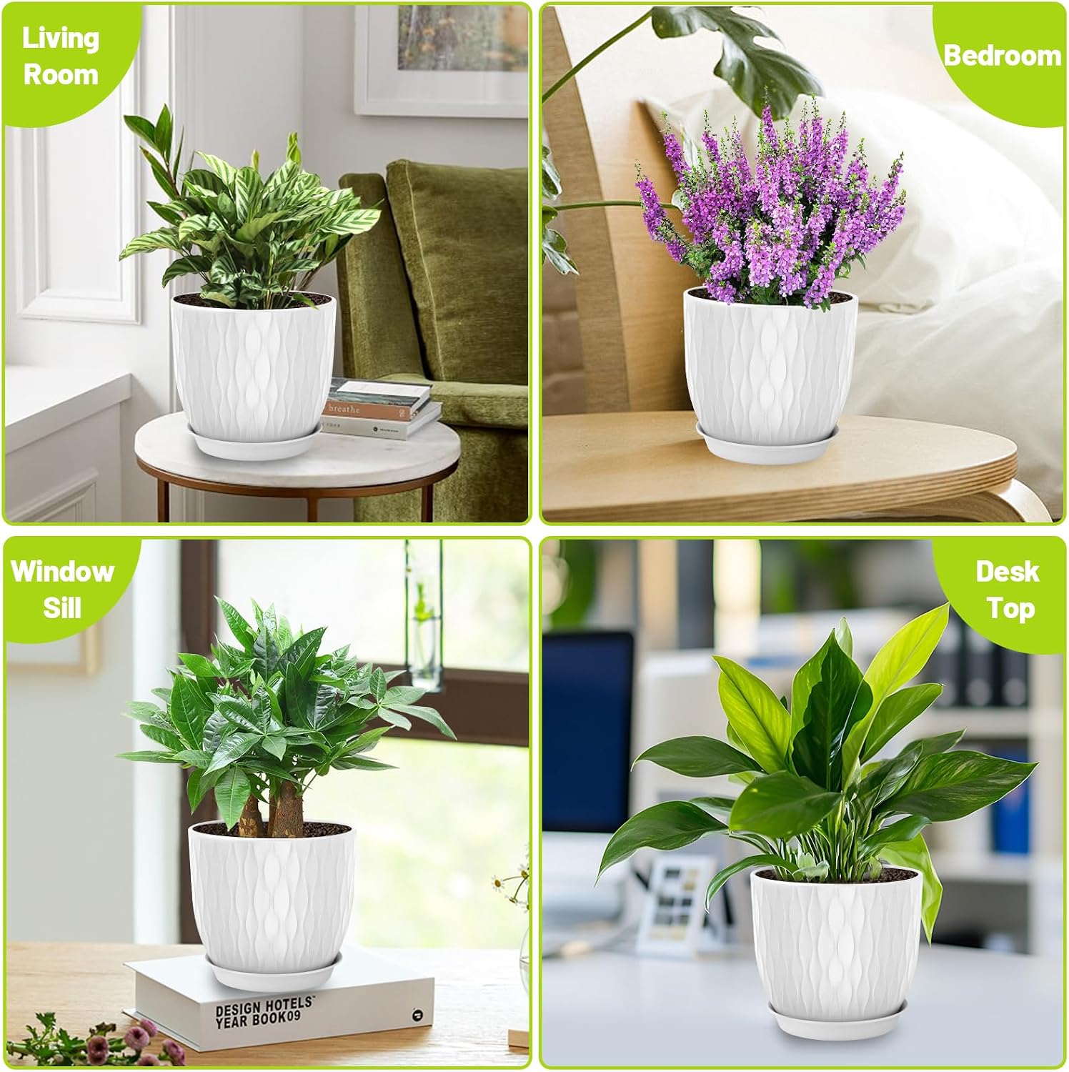 Plastic Plant Pots 10/9/8/7.5/7 inch Set of 5, Flower Planters with Drainage Holes and Saucers, Plastic Pots for Indoor