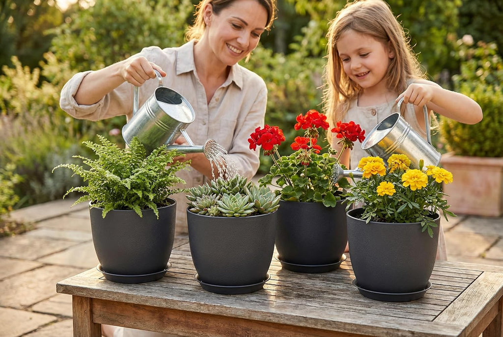 8 Inch Plant Pots Set of 4, Plastic Planters with Drainage Holes and Tray, Flower Pots for Indoor Outdoor Plants and