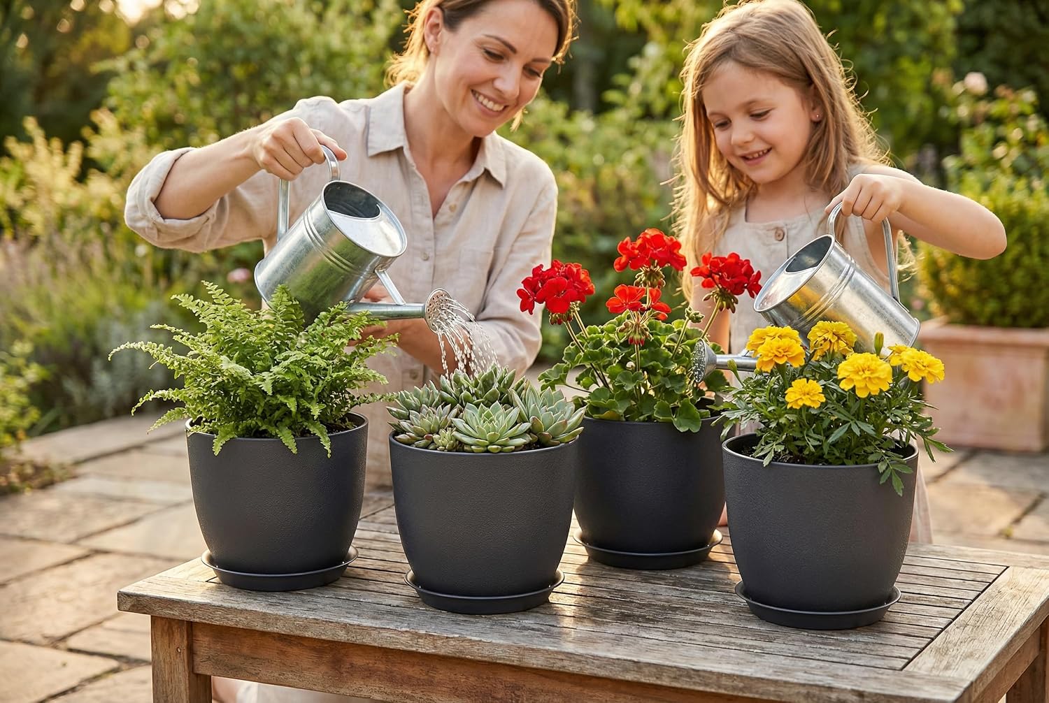 8 Inch Plant Pots Set of 4, Plastic Planters with Drainage Holes and Tray, Flower Pots for Indoor Outdoor Plants and