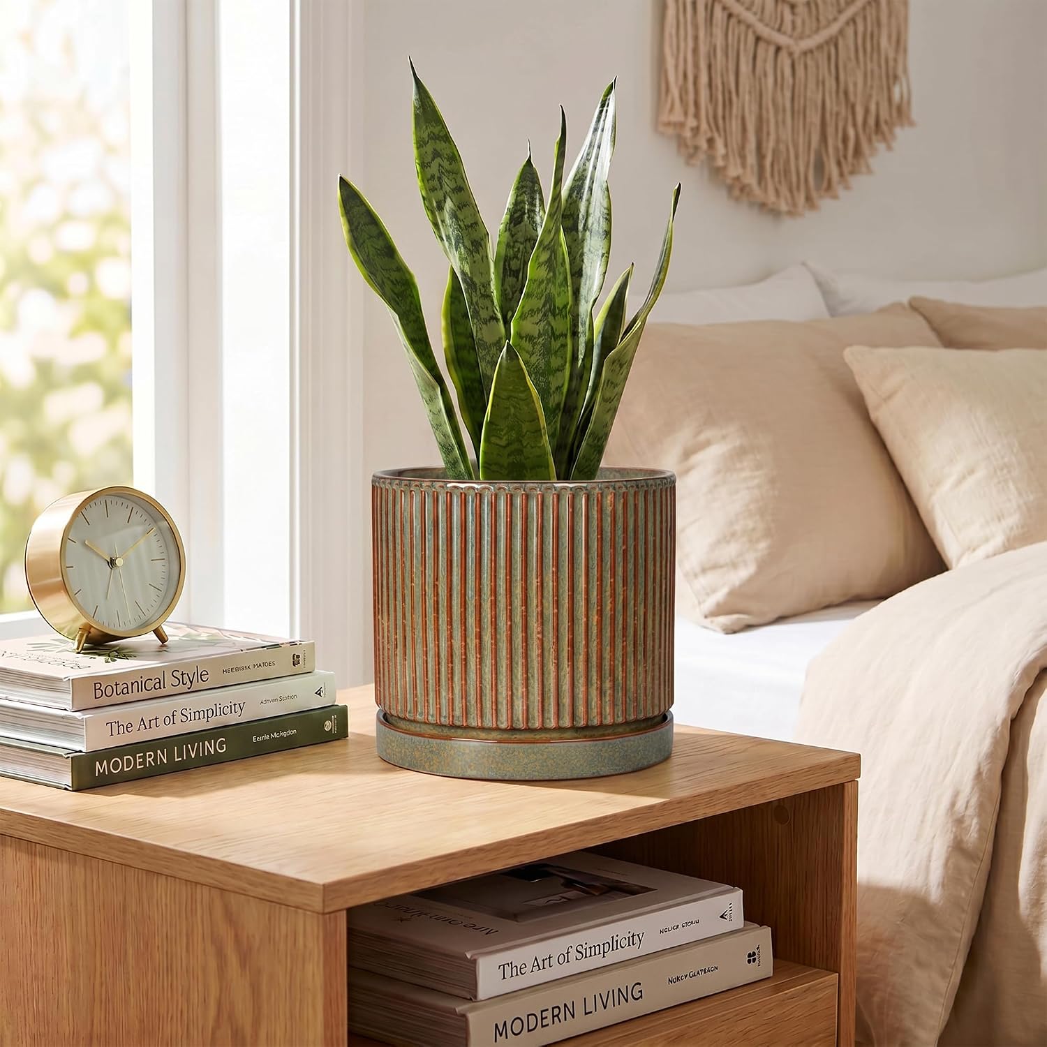 6 Inch Plant Pot, Ceramic Planters with Saucer, Retro Brown | Round Flower Pots with Drainage Hole, Indoor Pots for