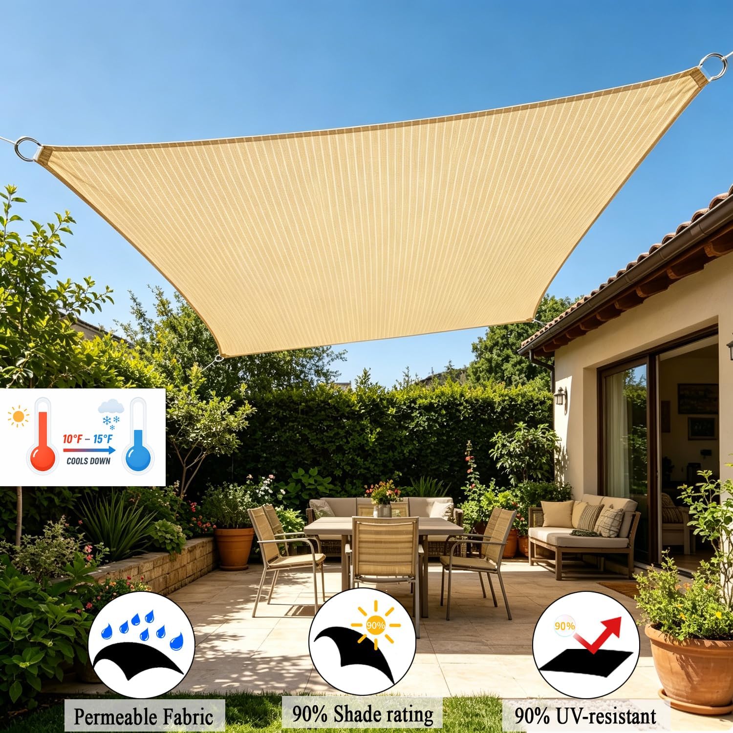 12x16 FT Sun Shade Sail, 90% UV Block 200GSM Flat-Edged Shade Cloth | Heavy Duty Beige Sunshade Canopy, Breathable