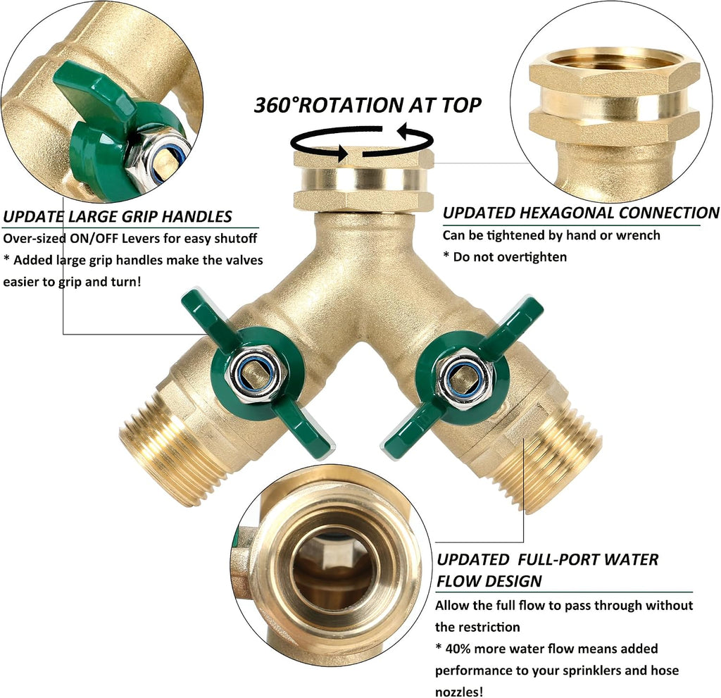 Garden Hose Splitter Full Flow, Brass Heavy Duty Hose Splitter 2-Way High Flow, All Metal Hose Y Splitter with Shutoff