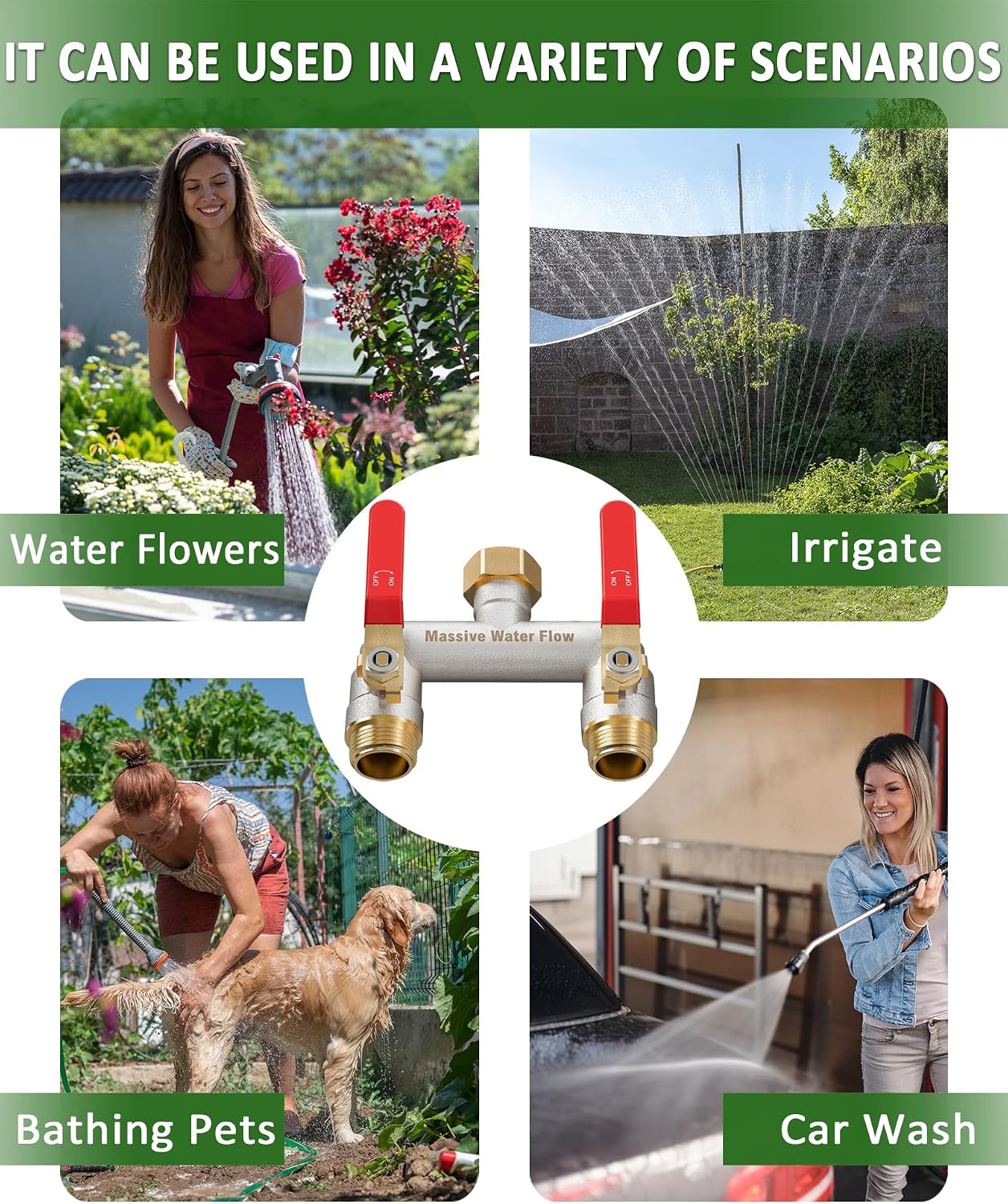 Hose Splitter 2 Way Heavy Duty, Brass Garden Hose Splitter | 304 Stainless Steel Long Handle, Full Flow Nickel Plated