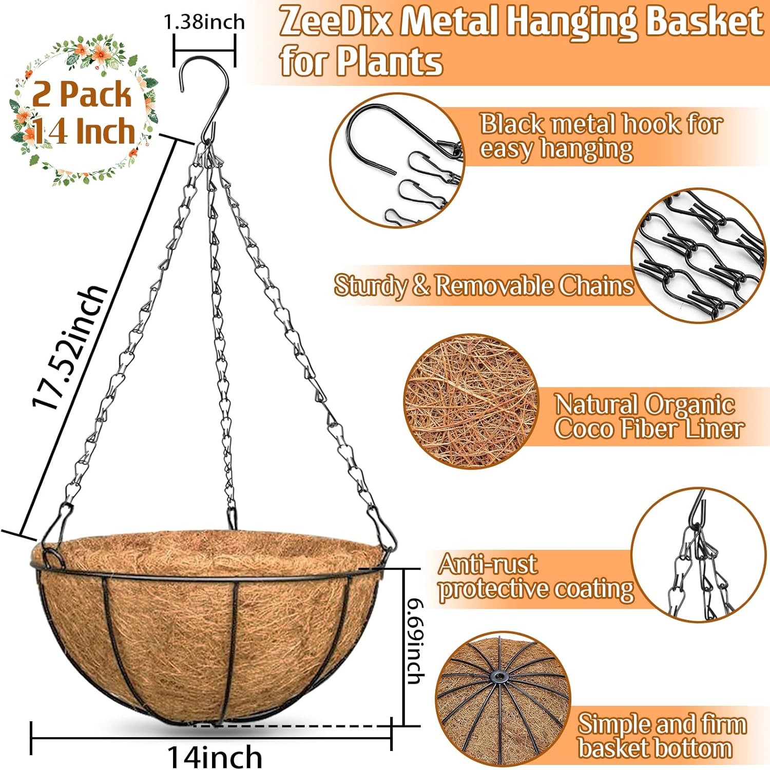 2 Pack 14 Inch Hanging Baskets for Plants Outdoor, Metal Wire Round Planters with Coco Liner, Hanging Flower Baskets