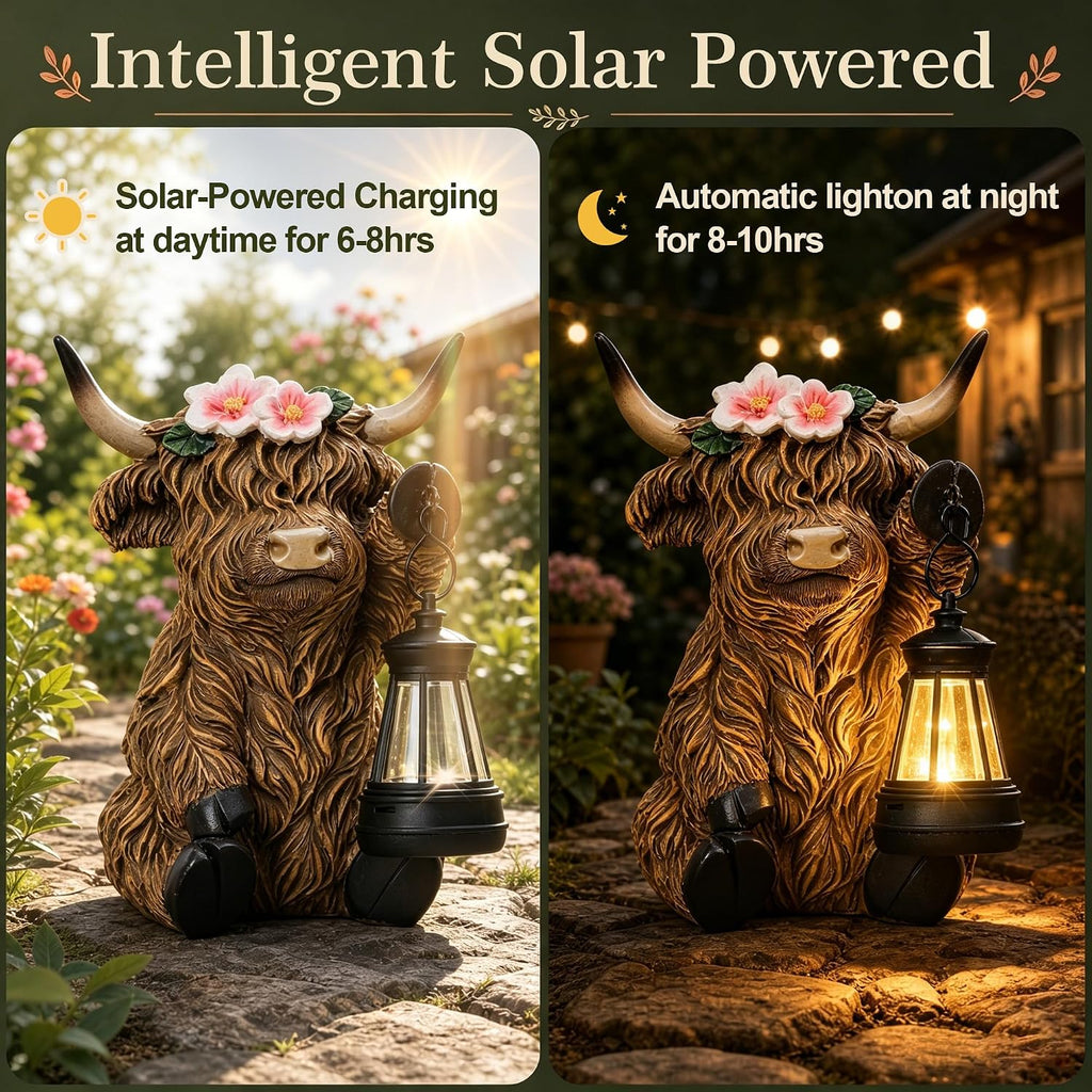 Solar Highland Cow Outdoor Garden Statue, Waterproof Resin Highland Cow Figurines with Lantern, Yard Animal Decorations