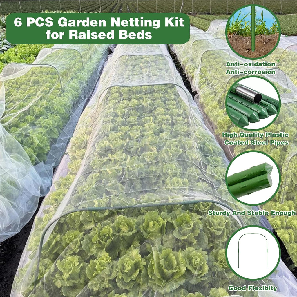 Garden Mesh Netting Kit, 10x33FT Ultra Fine Mesh Netting with 6 Sets Fiberglass Garden Hoops & 12 Clips for Tree Fruit