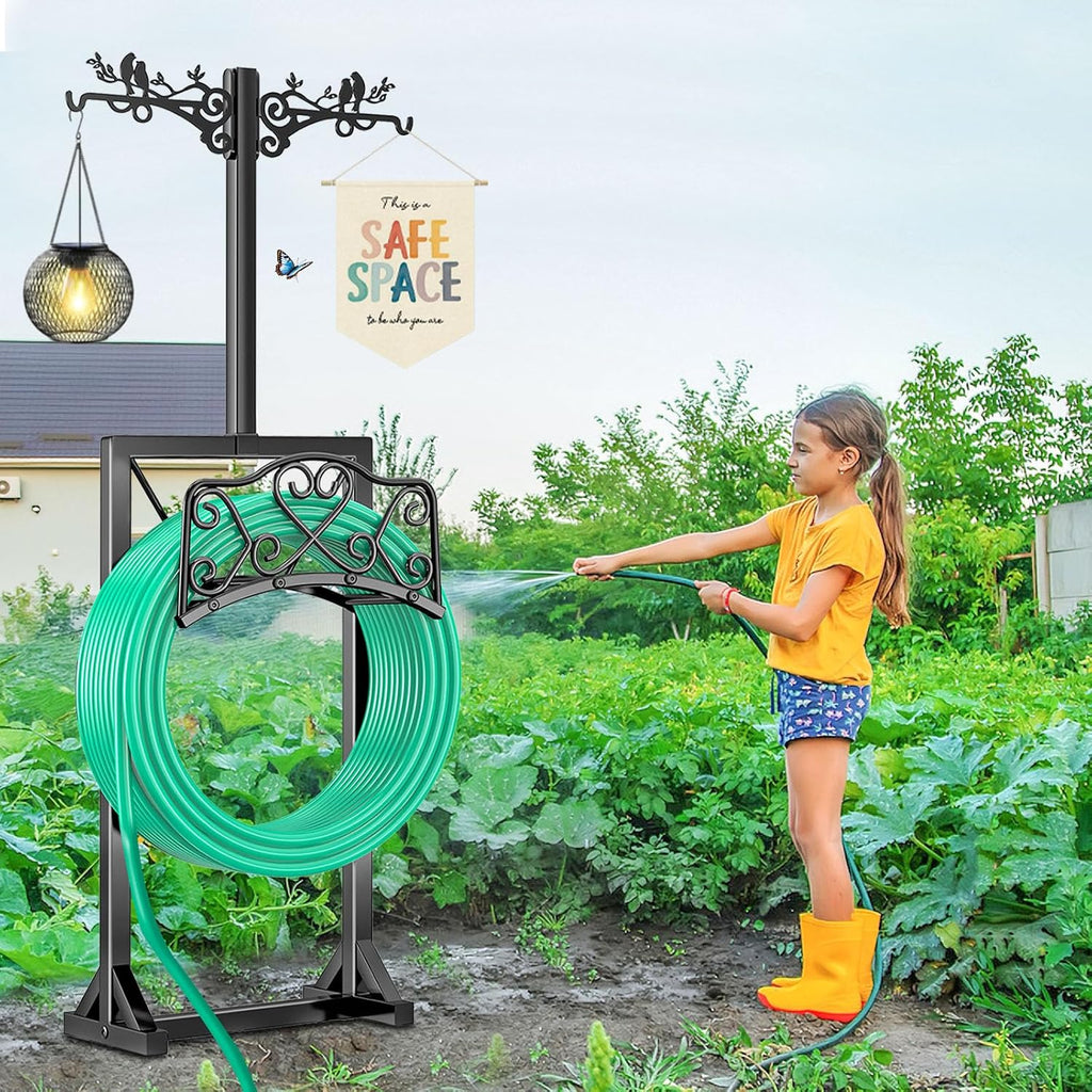 Garden Hose Holder, Freedstanding Heavy Duty Garden Water Hose Holder Stand with 2 Shepherds Hooks, Detachable Metal
