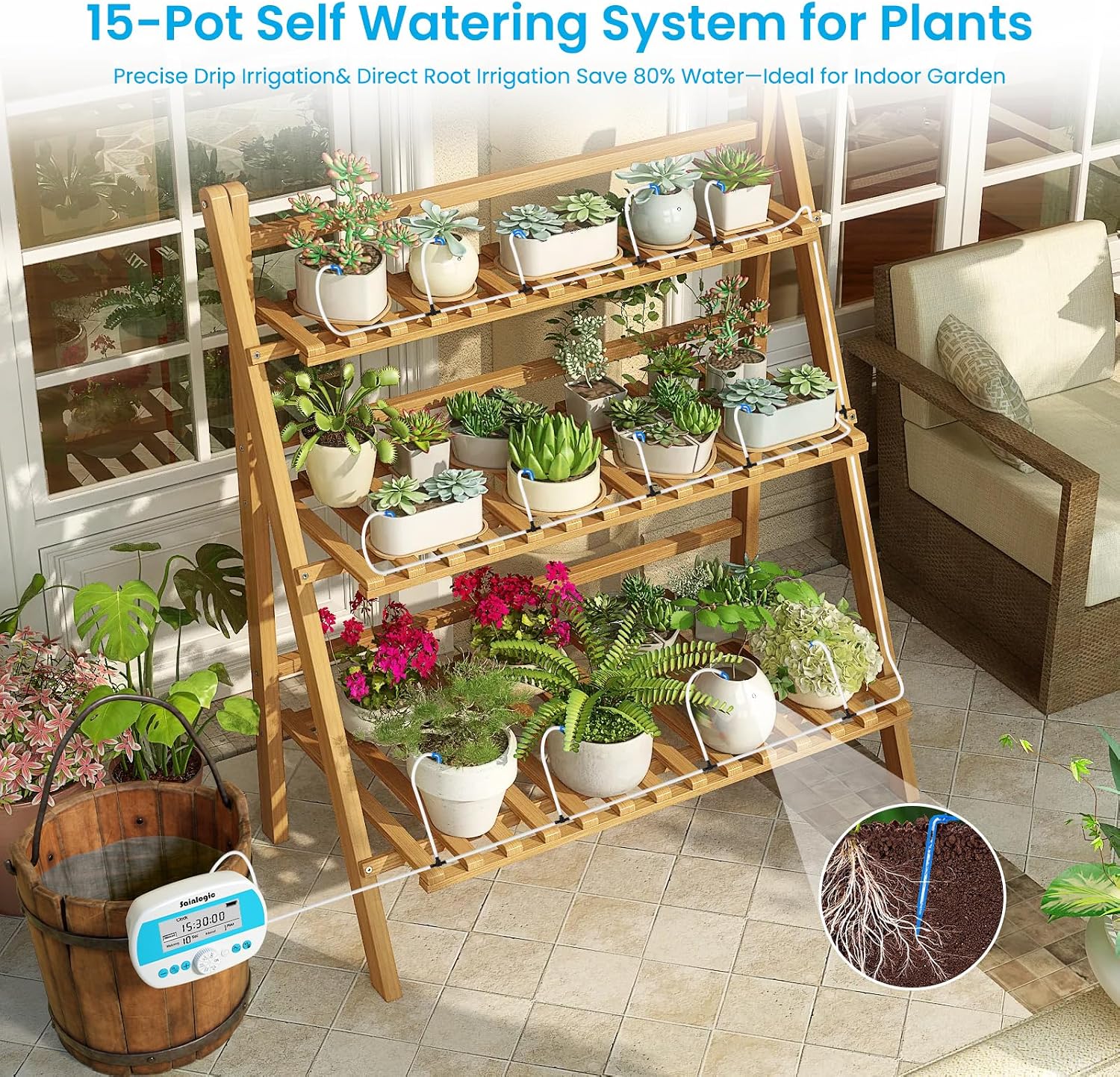 Sainlogic Automatic Plant Waterer for 15 Potted Plants, Self-Watering System with Humidity Monitor Display, Deep Root