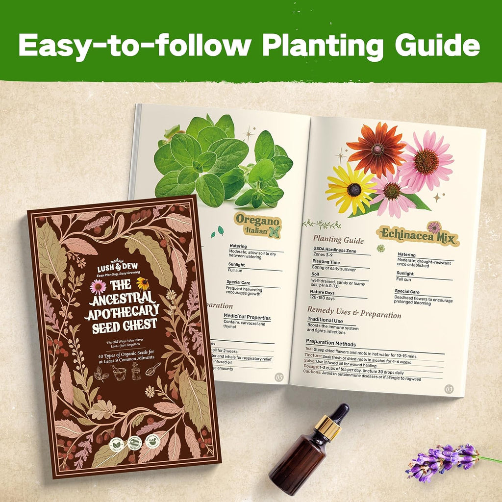 Lush&Dew Ancestral Apothecary Medicinal Tea Herb Seed Chest, Gardening Gift | 36,000+ Non-GMO Survival Seed Kit, Gifts