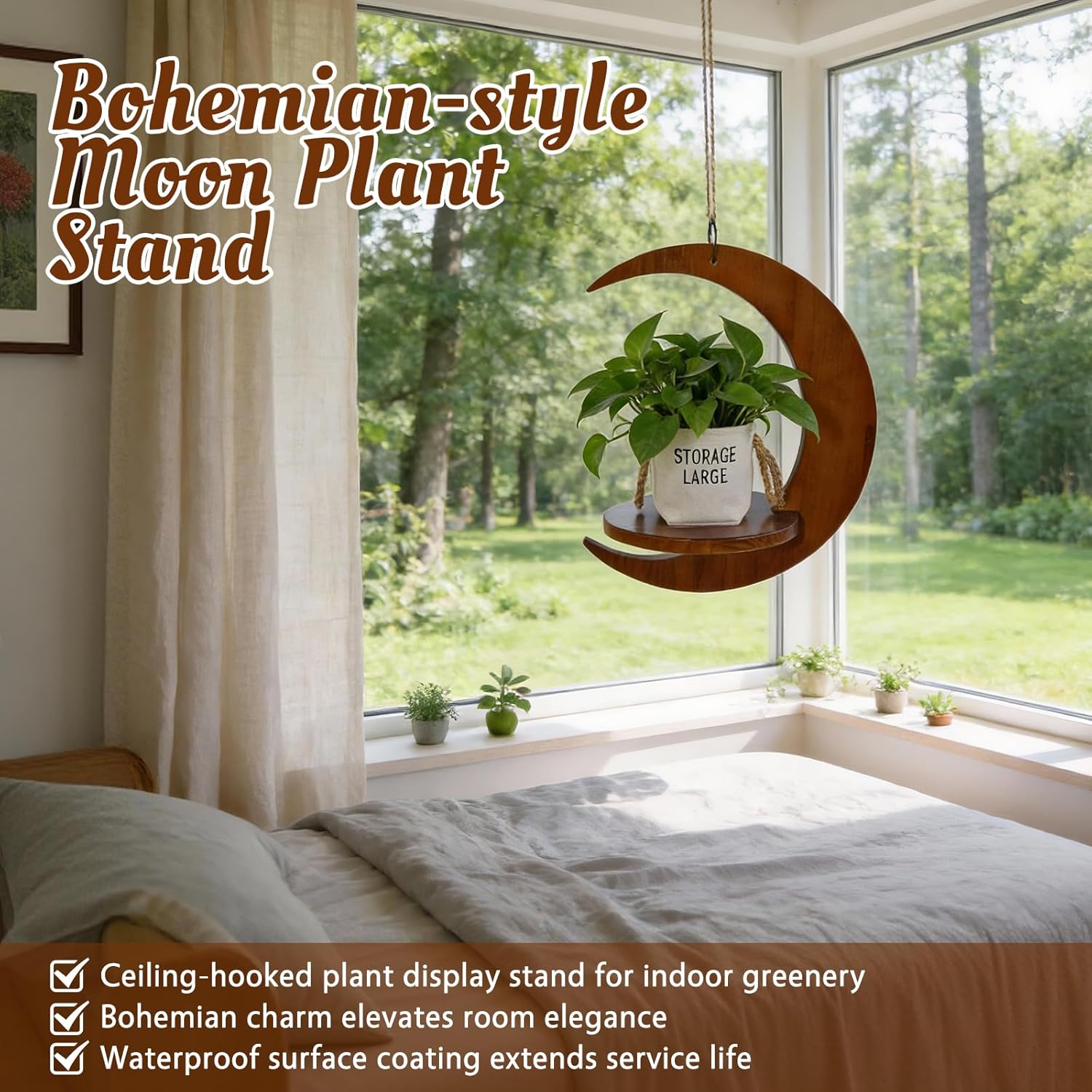 Moon - Shaped Wooden Hanging Plant Stand, Nordic Modern Window Plant Shelf | Space-Saving Indoor Flower Holder for
