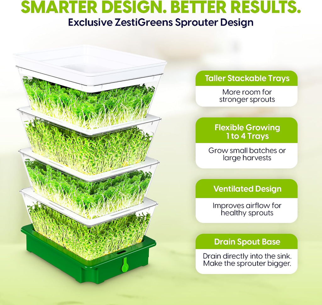 Sprouting Trays - 4-Tier Seed Sprouter with Drain Spout | 4 BPA-free stackable trays with a drain spout for easy home