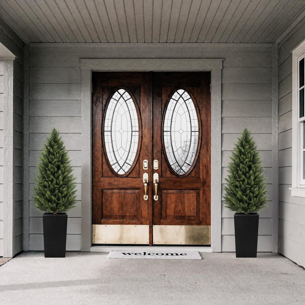 VIVATREES 4FT Artificial Cedar Topiary Trees 2 Pack, Realistic Faux Cypress Trees with Square Black Planter Pot, UV