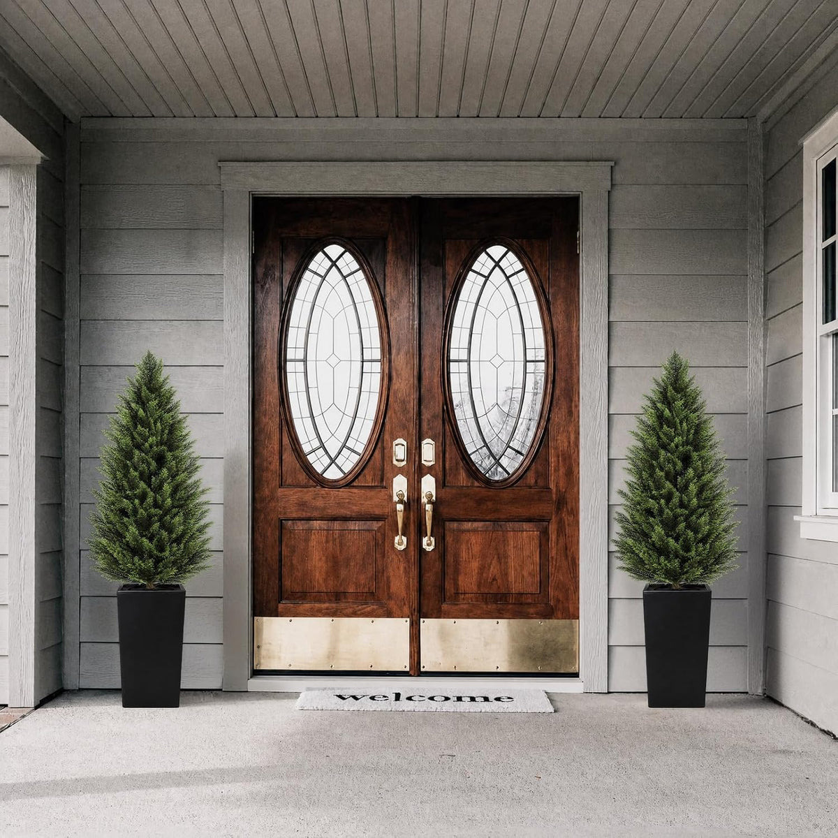 VIVATREES 4FT Artificial Cedar Topiary Trees 2 Pack, Realistic Faux Cypress Trees with Square Black Planter Pot, UV