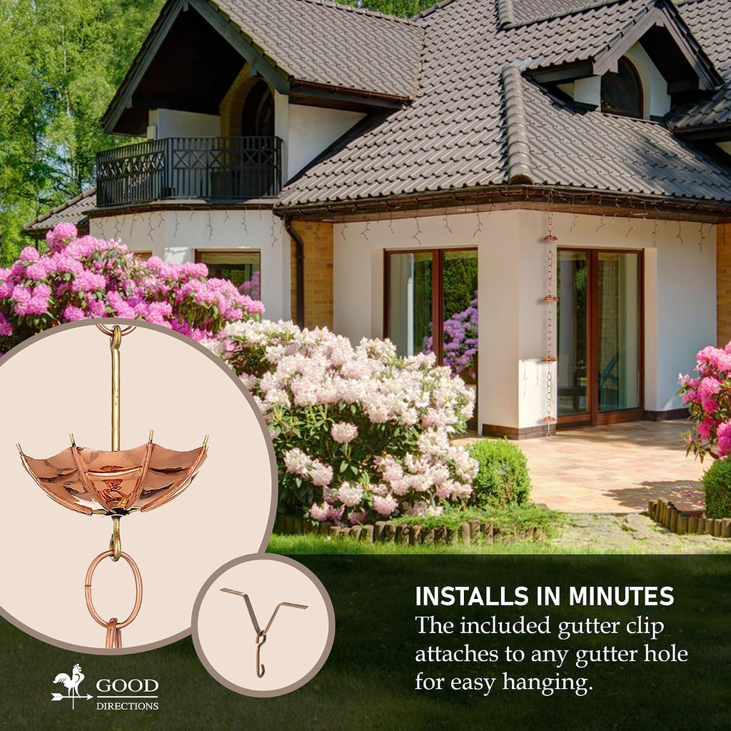 Good Directions 486P-8 Umbrella Rain Chain 8-1/2 Feet Long, Extra Large Umbrellas, 100% Pure Copper