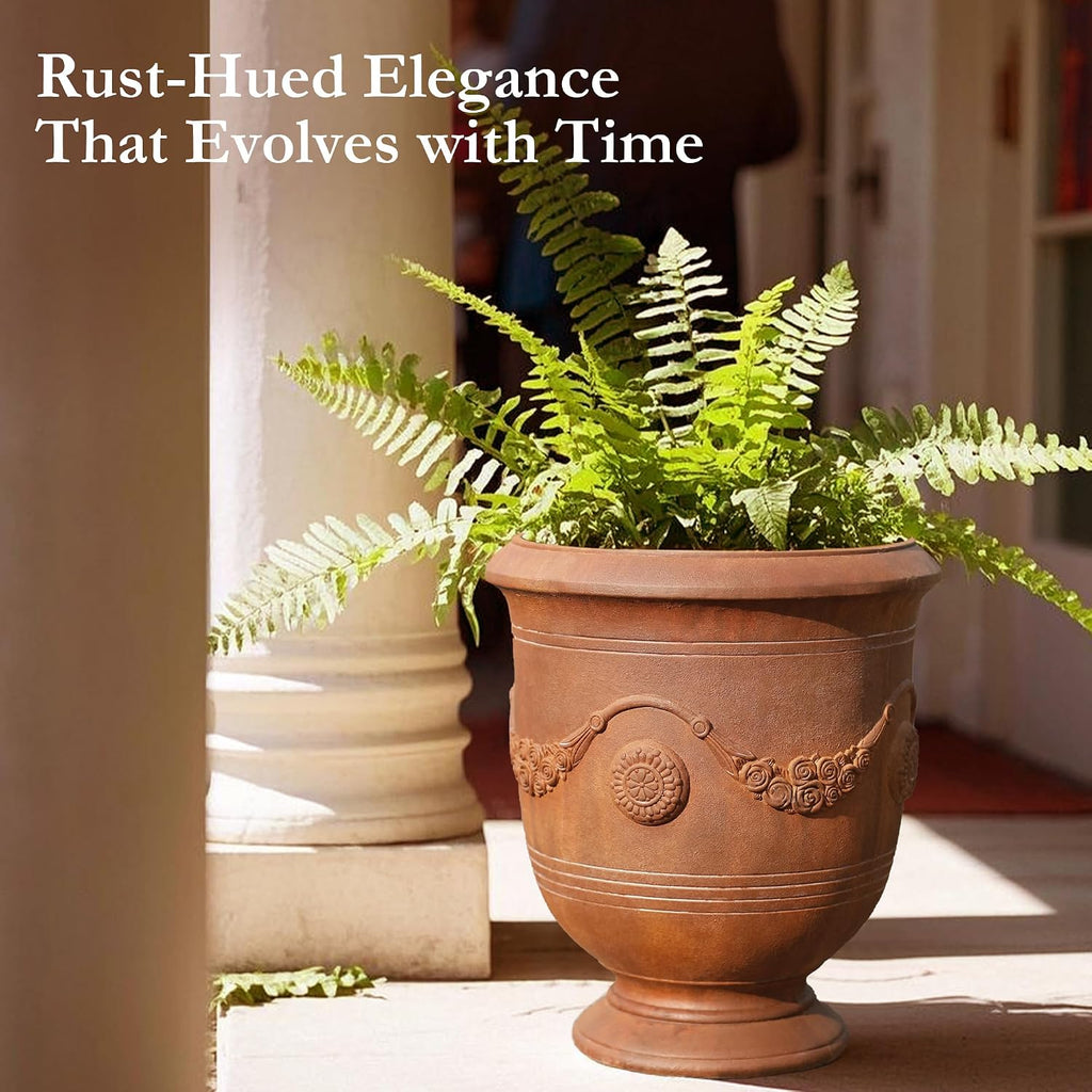 Worth Garden Large Urn Planter - 14" Dia x 16.5" H Lightweight Magnesium Oxide Plant Pot with Cement Texture