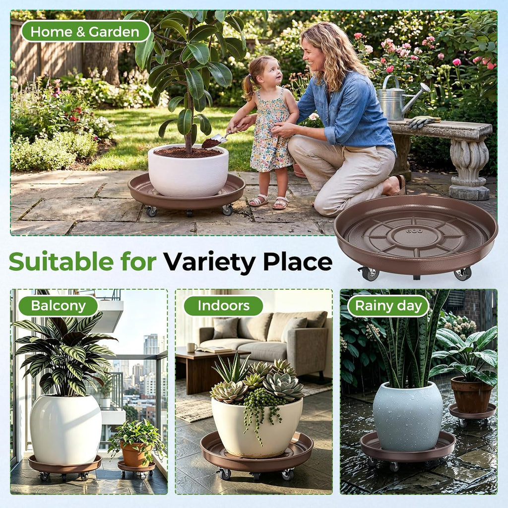 Plant Caddy With Wheels 16" Metal Plant Saucers for Indoors 420 Lb Capacity | Rolling Plant Stand, 360° Locking Casters