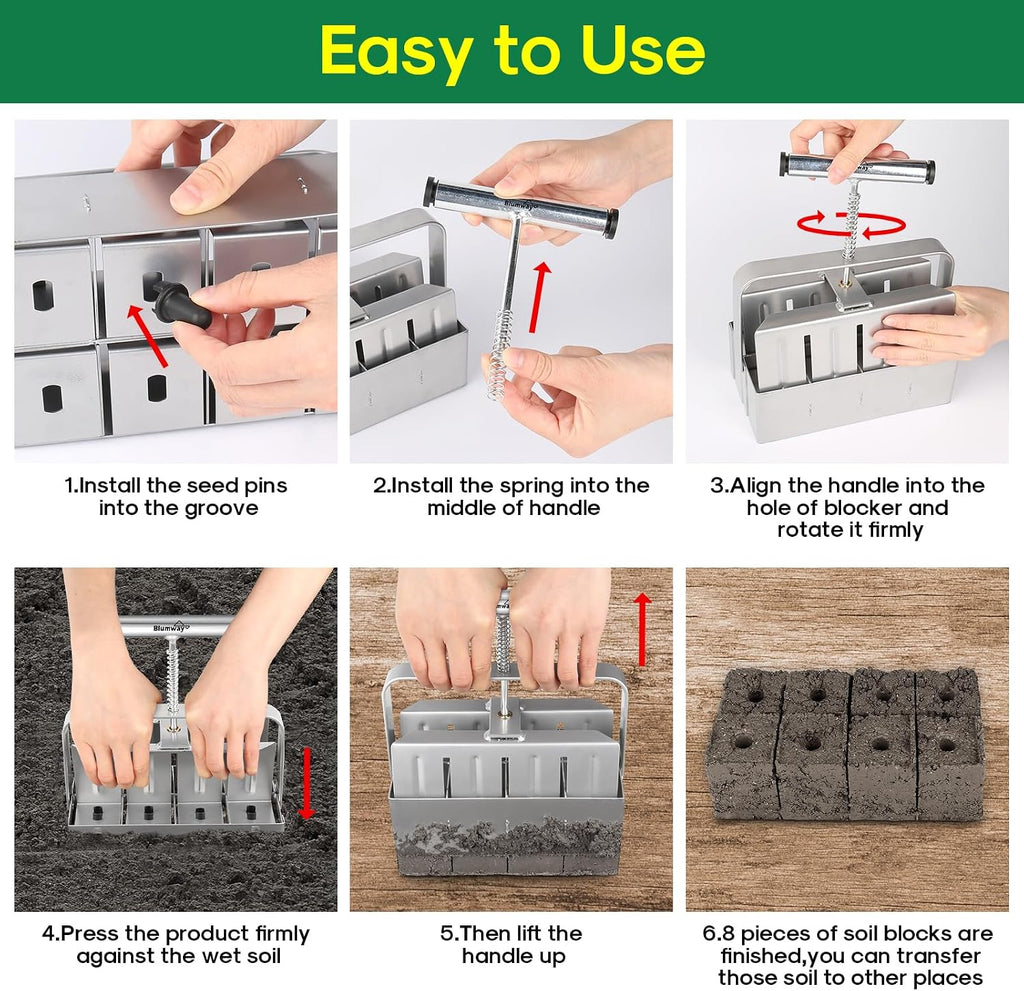 Soil Blocker, 8 Cell 2 inch Soil Block Maker for Seed Starting | 3 Sizes Seed Pins, Heavy Duty Manual Seed Blocker