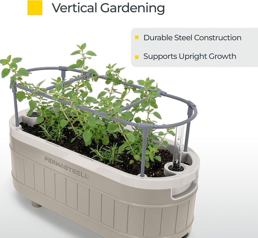 Permasteel Herb Garden Planter with Trellis Support, Self-Watering System with Water Level Indicator, Fits Multiple