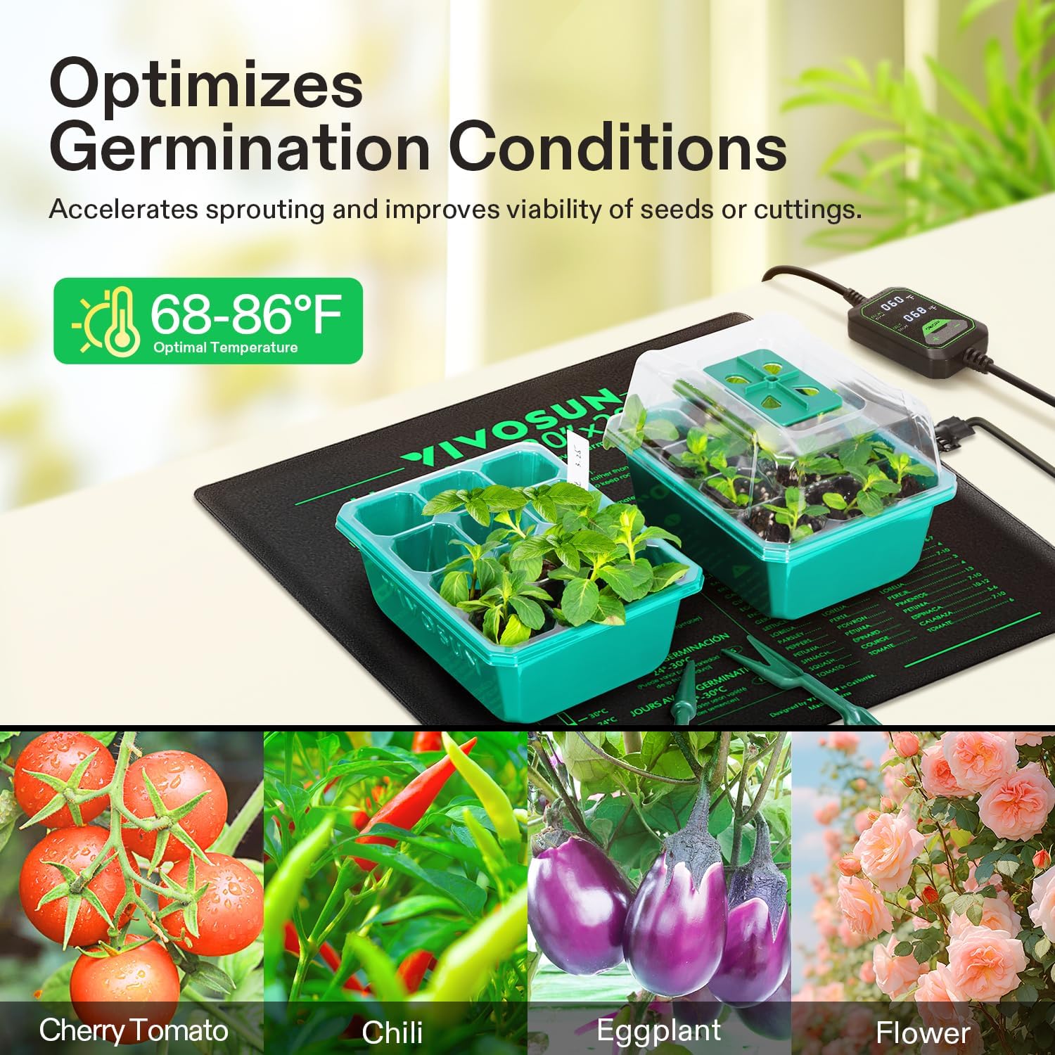 VIVOSUN 20"x20.75" Seedling Heat Mat with Built-in Temperature Controller | UL & MET-Certified Waterproof Plant Heating
