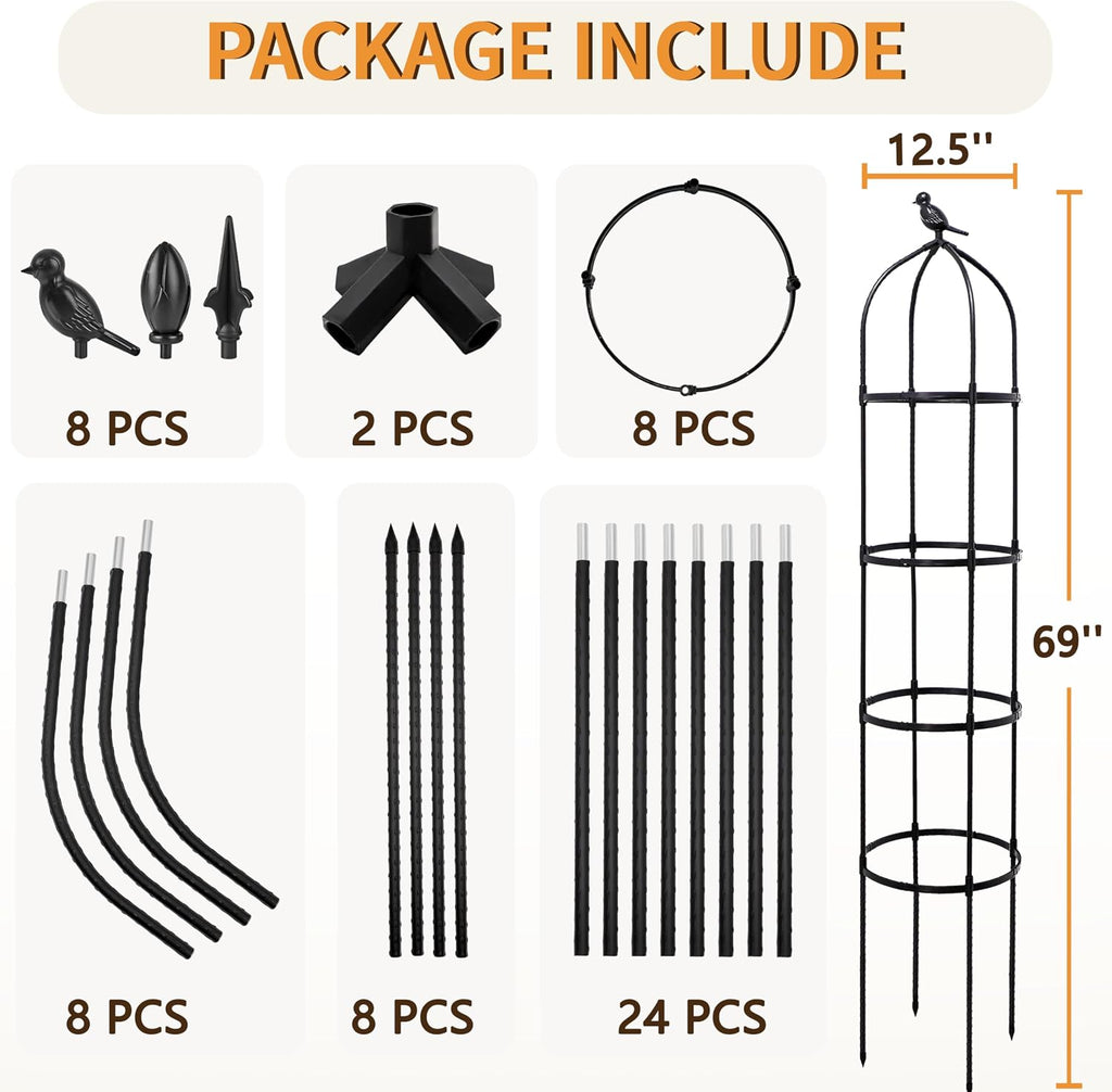 2 Pack Garden Obelisk Trellis for Climbing Plants Outdoor, 6FT Adjustable Metal Plant Support with 3 Decorative Tops