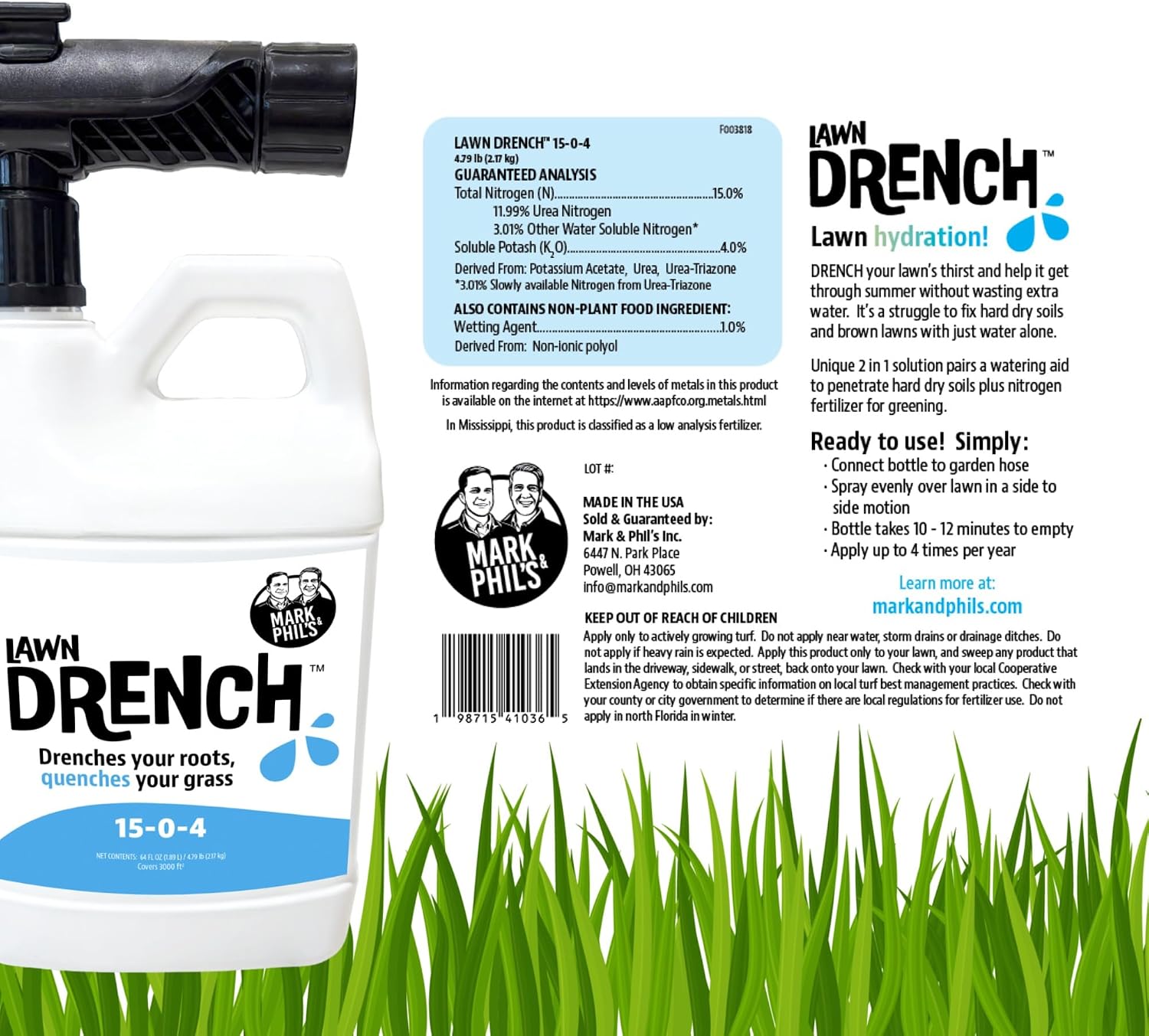 Lawn Drench by Mark and Phil’s, Liquid Lawn Fertilizer, Deep Root Soil Treatment for Lawn Health and Recovery, 15-0-4
