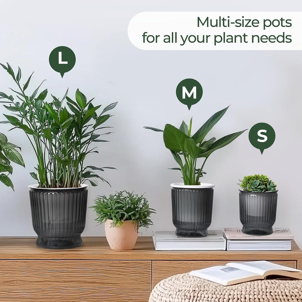 T4U Self Watering Pots for Indoor Plants 6 Inch 4 Pack Planter Gray | Clear visible water level, Pothos ferns herbs