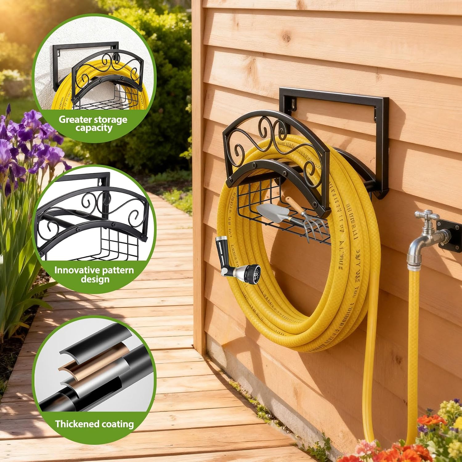 Garden Hose Holder Wall Mount, Metal Water Hose Holder with Basket | 150FT, Heavy Duty, Durable, Weather-Proof Hose