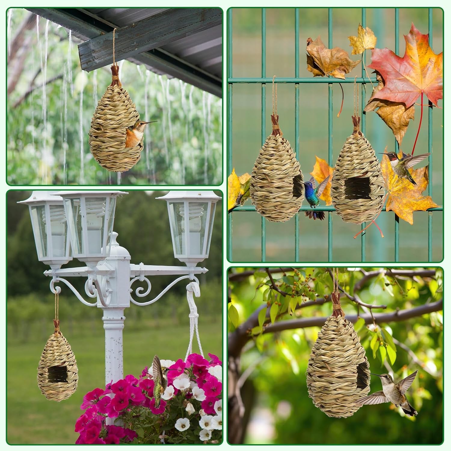 NOVWANG 4 Pcs Hand Woven Hummingbird Houses for Outside | Hand Woven Finch Bird Nest, Outdoor Gardens Patios Balconies