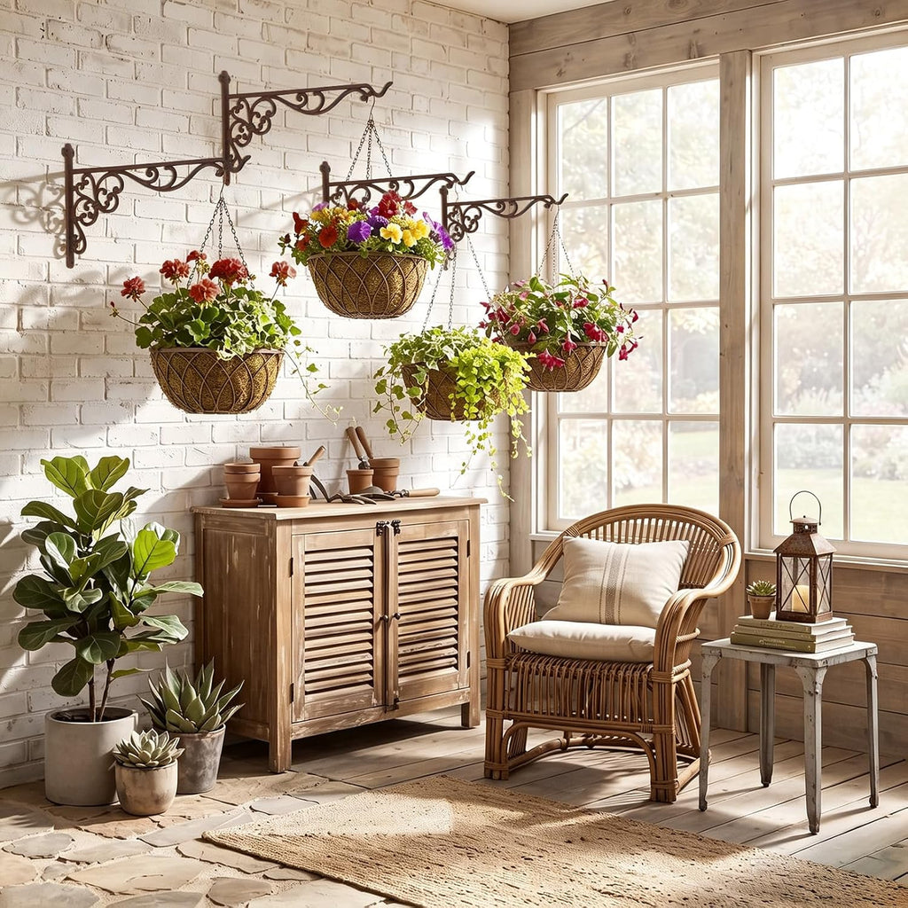 Landhoow 2 Pcs 15.6" Large Cast Iron Hanging Outdoor Wall Hanger Rust Brown Heavy Duty Basket Hook Braces Vintage