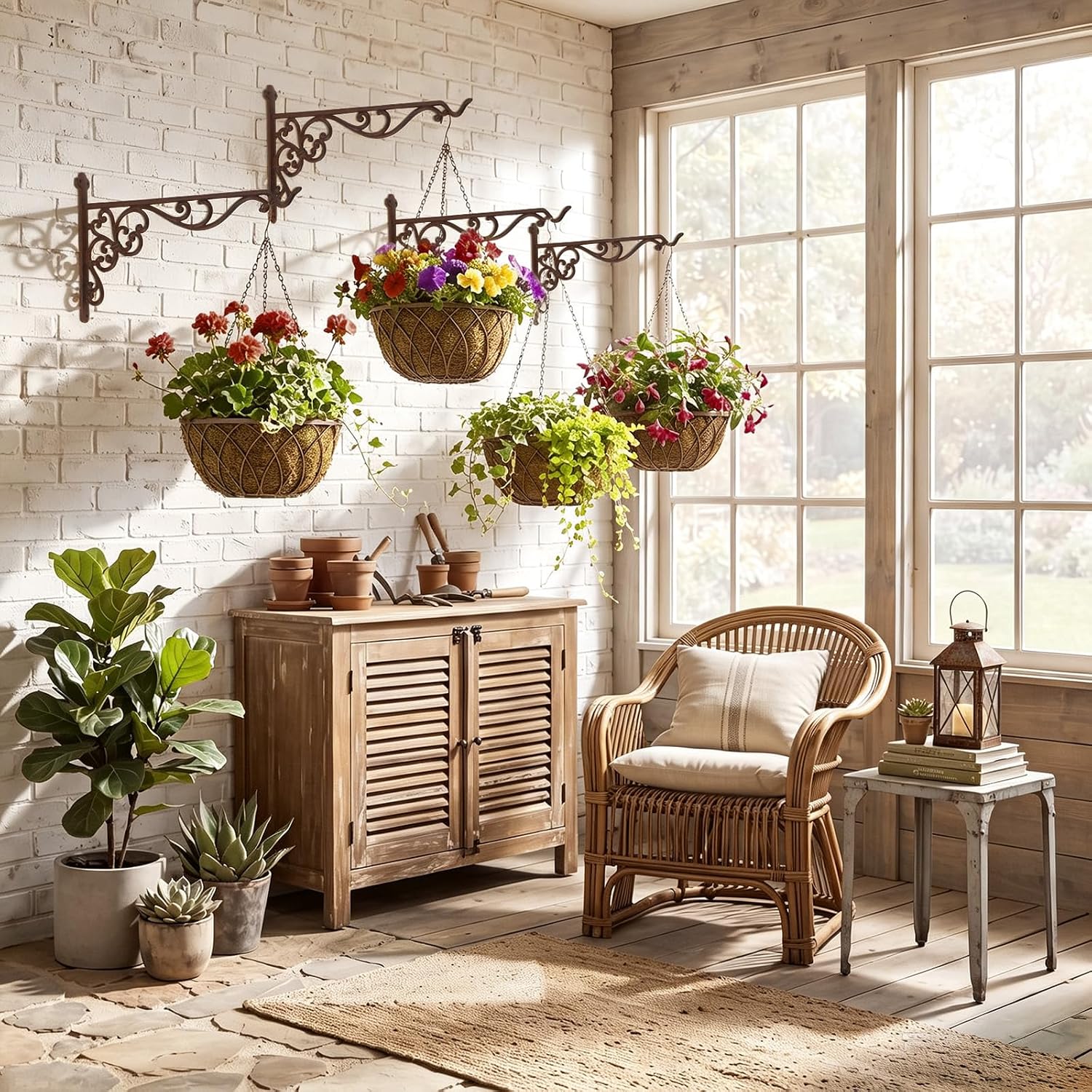 Landhoow 2 Pcs 15.6" Large Cast Iron Hanging Outdoor Wall Hanger Rust Brown Heavy Duty Basket Hook Braces Vintage