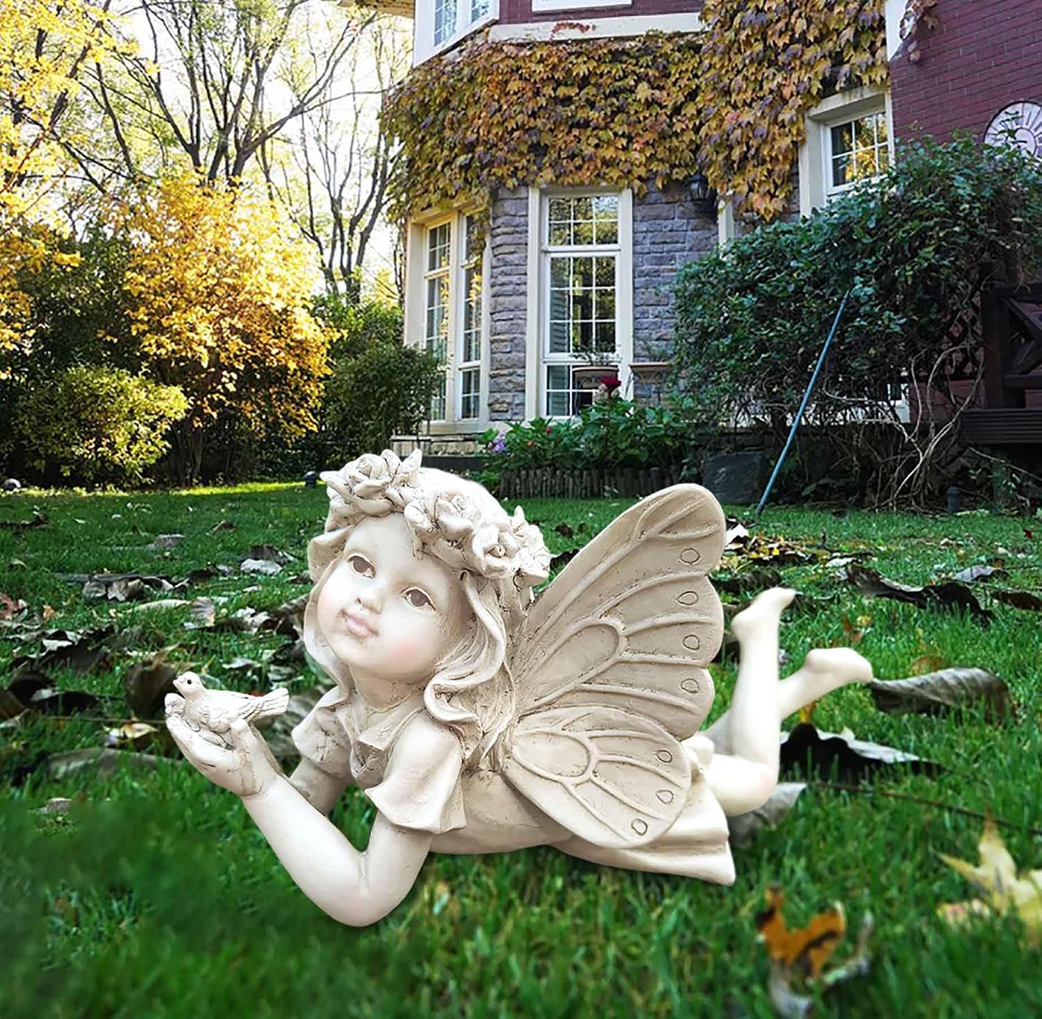 Fairy Garden Decor, Angel Holding a Bird Garden Statues for Outside | Resin Fairies for Fairy Garden, Cute Yard