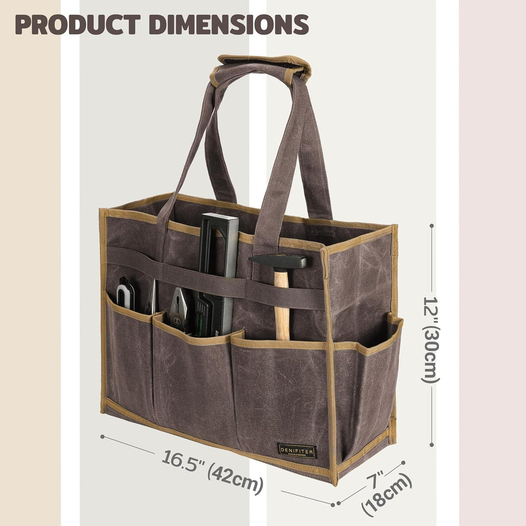 Canvas Large Tool Bag - A Large Main Pocket and 14 Insert Pockets Garden Tool Tote Bag - Durable 16oz Waxed Canvas Tool