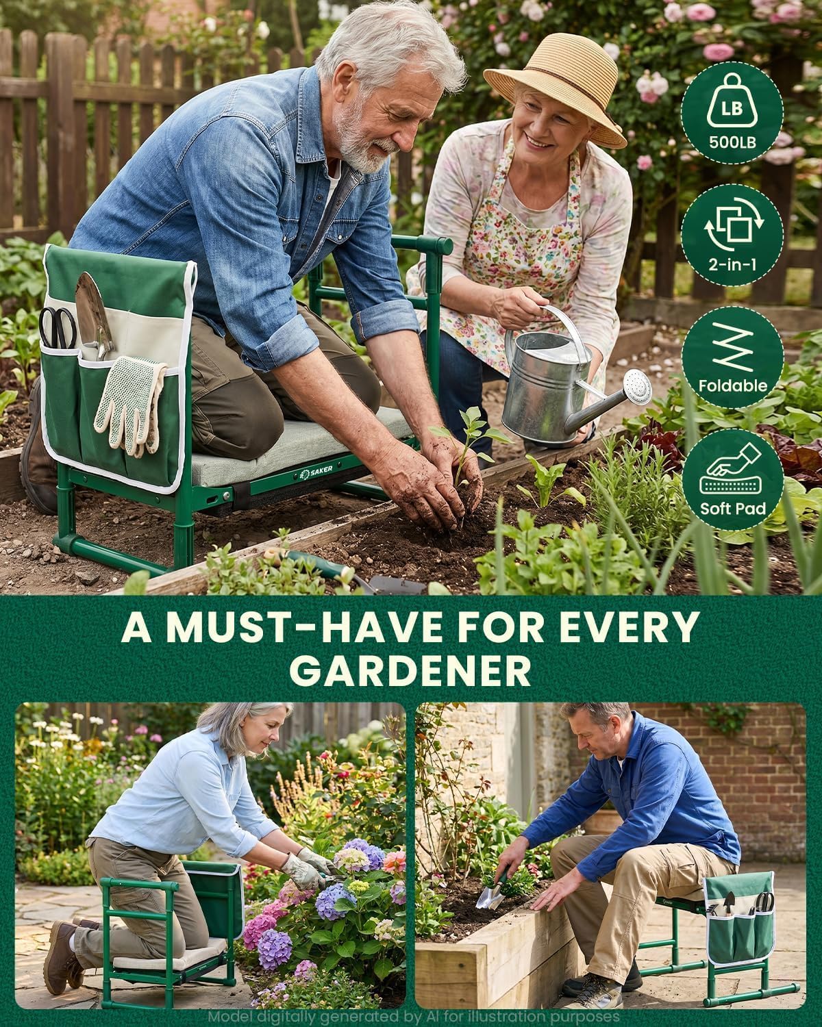 Saker 2026 Upgraded Garden Kneeler and Seat with 500LB Frame & Soft Pad | Foldable Stool, Heavy-Duty Steel, Comfortable