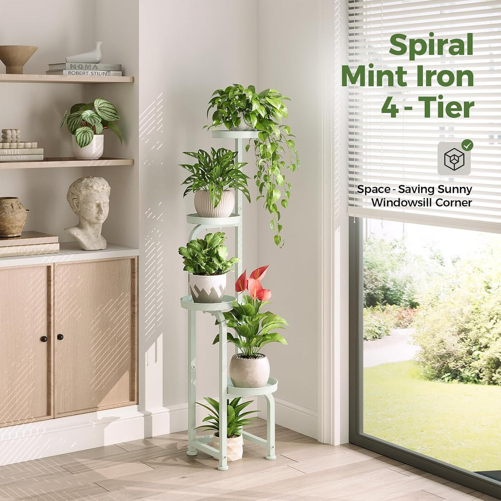Bamworld Corner Plant Stand Indoor Outdoor Tall Metal Flower Pot Stands | 4 Tier Mint Green Heavy Duty Plant Shelf for