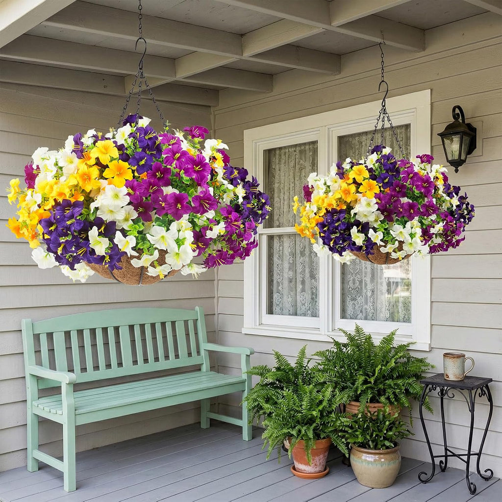 2 Set Artificial Outdoor Flowers with Hanging Baskets,24 Pcs UV Resistant Faux Petunias Flowers with Hanging Planter